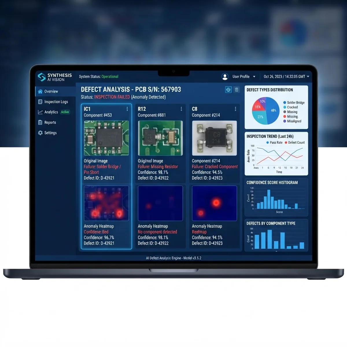 Machine learning defect analysis dashboard with anomaly heatmaps