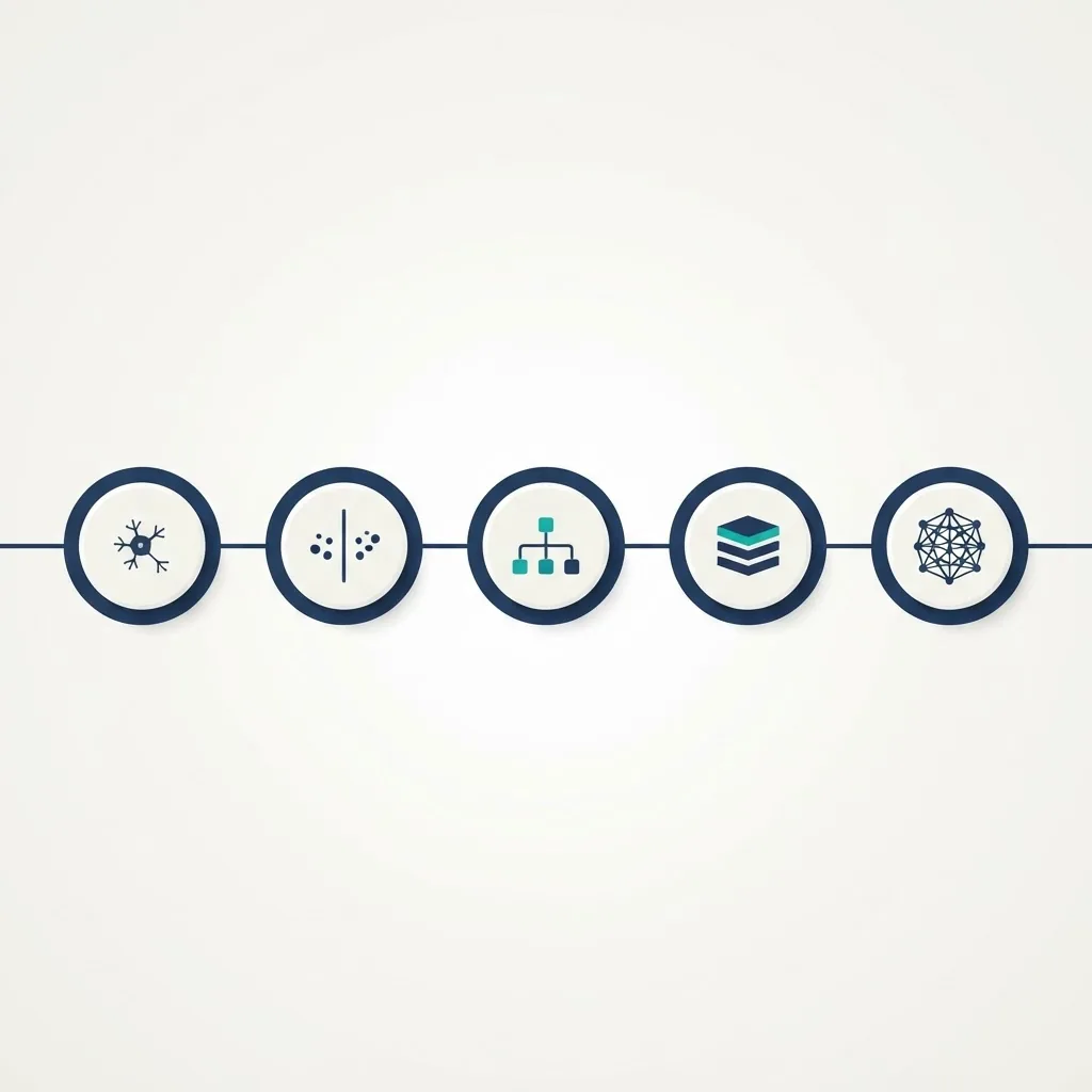 Minimal timeline of machine learning milestones with abstract icons