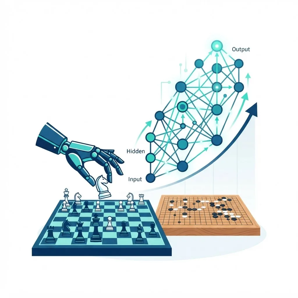 Machine learning milestones with chess board and neural network graph