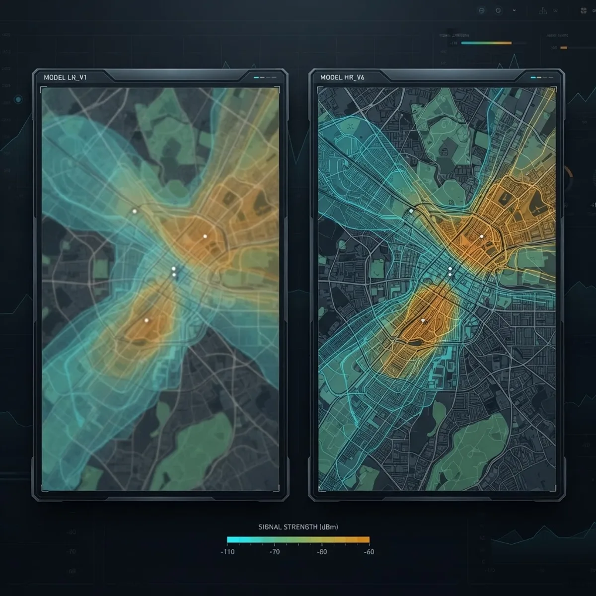 Two side by side machine learning radio coverage prediction maps of the same urban area