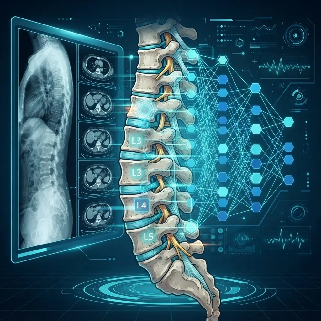 Machine learning analyzing spinal imaging with neural network overlays