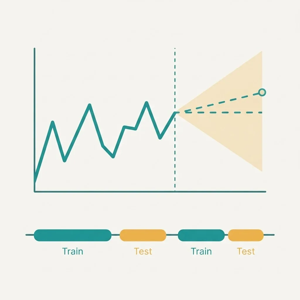 Time series forecasting chart with dashed forecast and walk-forward train and test windows