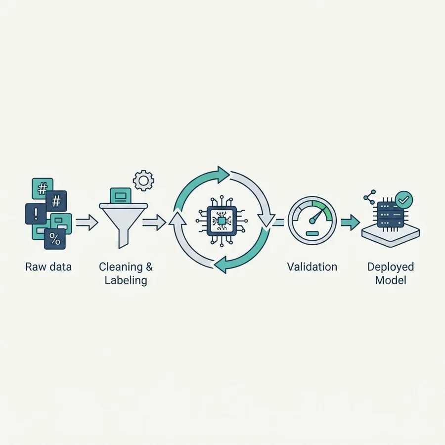 Machine learning pipeline from raw data through labeling, training loop, validation, and deployment