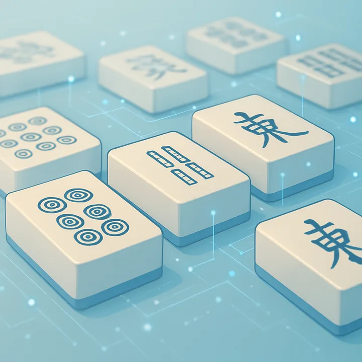 Mahjong tiles on a table with a digital data overlay
