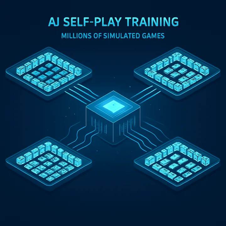 Multiple simulated mahjong game boards connected to a central AI core