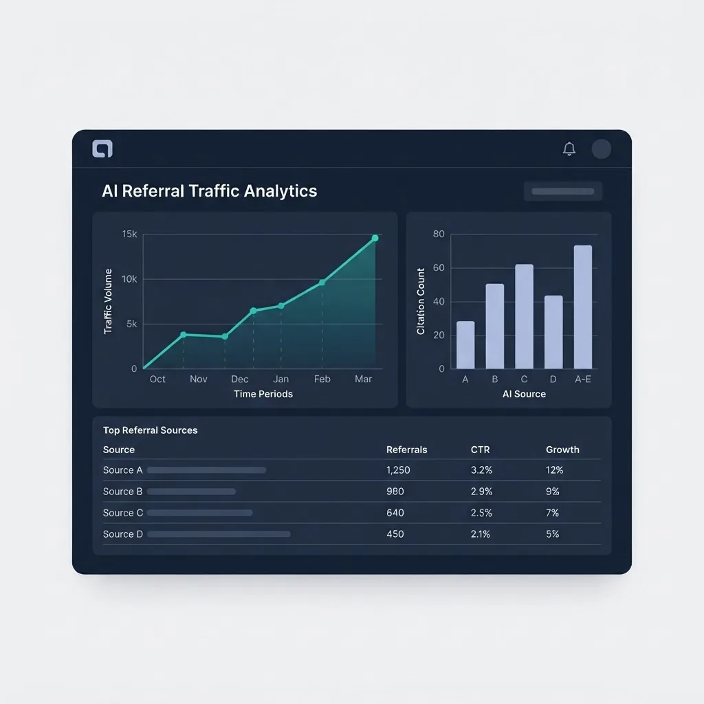 Analytics dashboard showing AI referral traffic trend line and citation counts