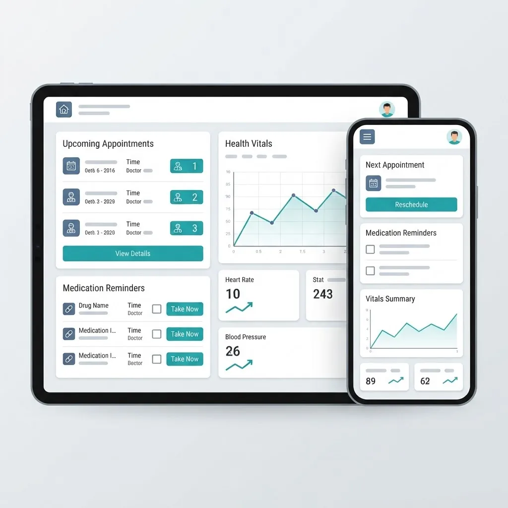 Patient dashboard interface showing appointments medication reminders and vitals