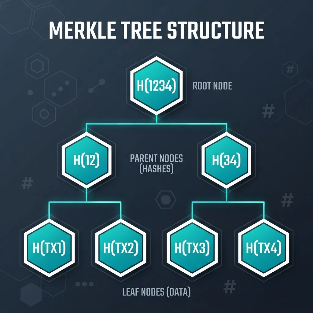 Merkle tree diagram pairing transaction hashes upward into a single root