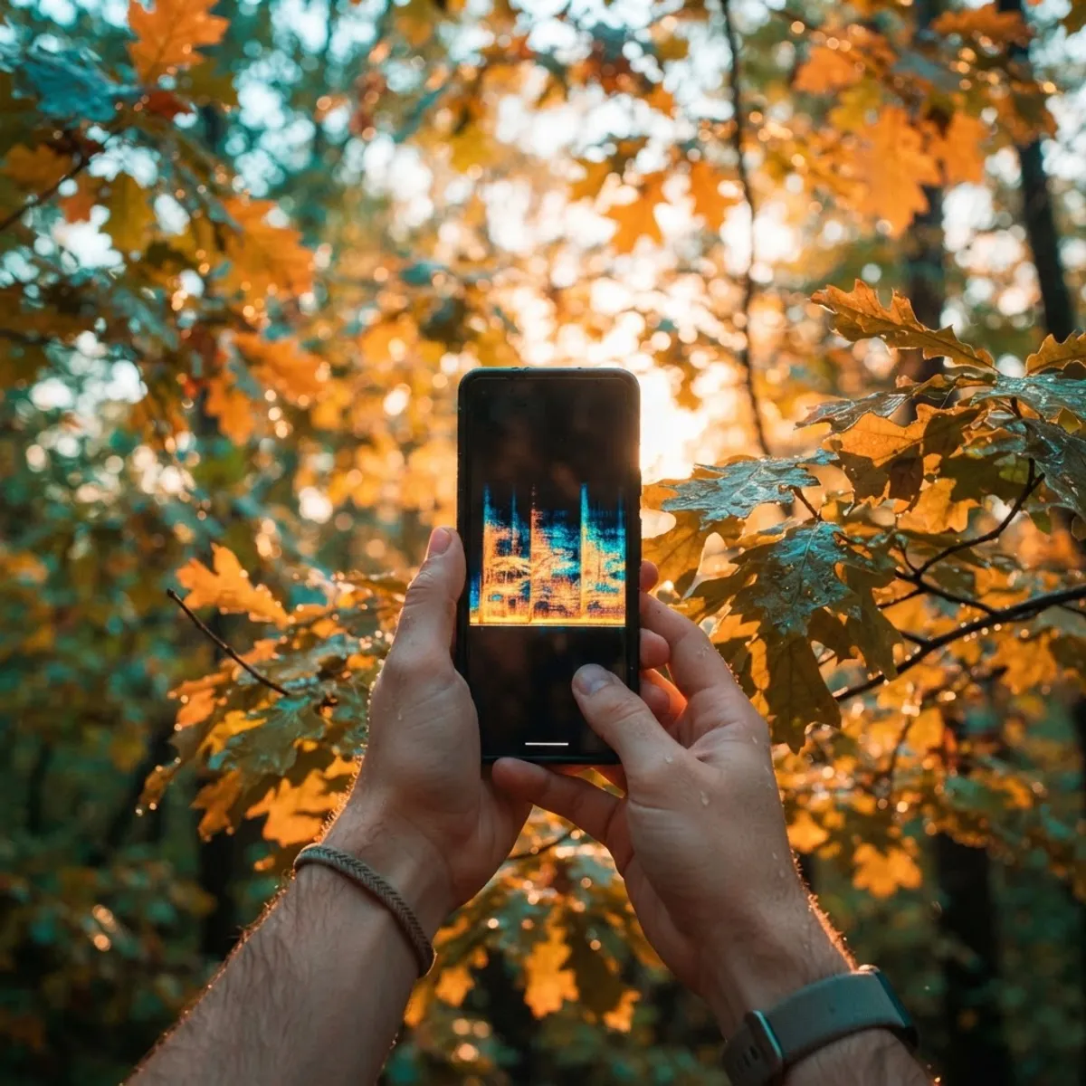 Phone recording birdsong with a live spectrogram on screen