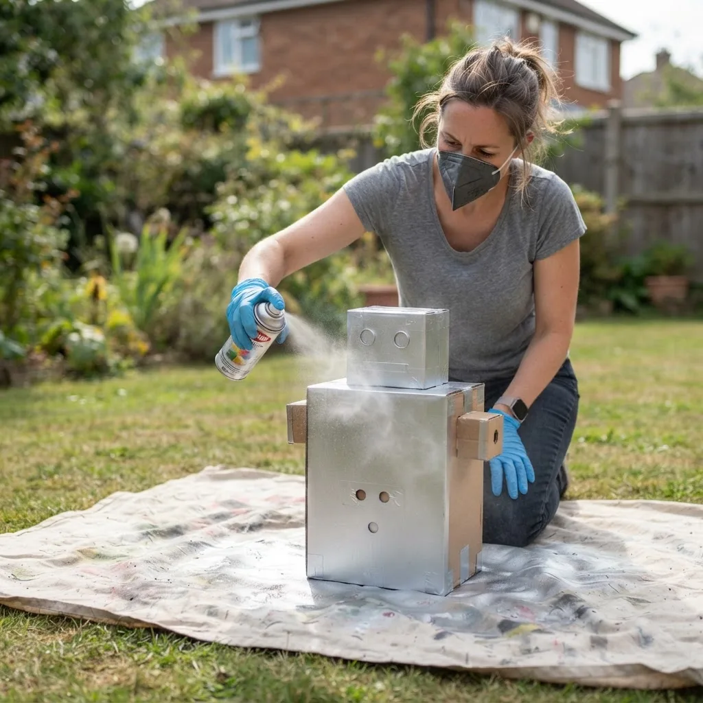 Spray painting a cardboard robot torso metallic silver