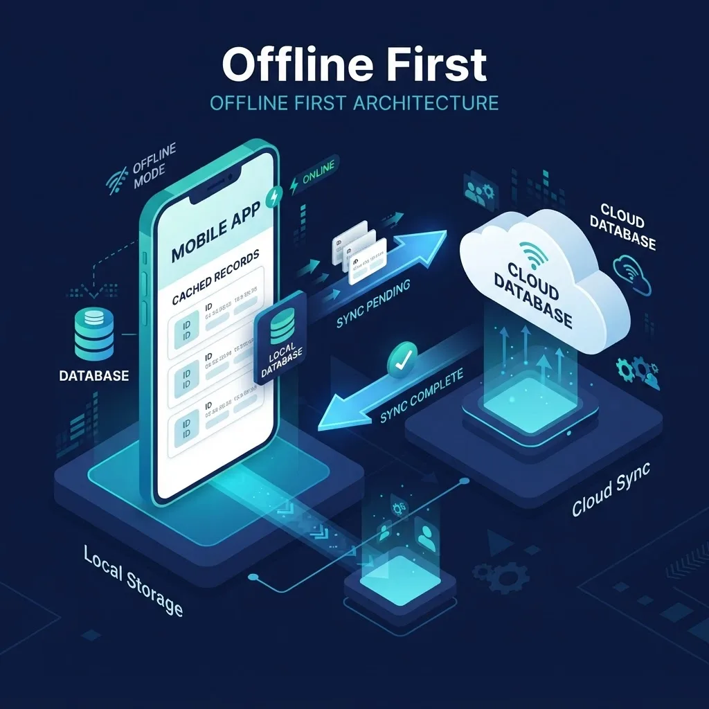 Offline first mobile data layer syncing a local database with a cloud server