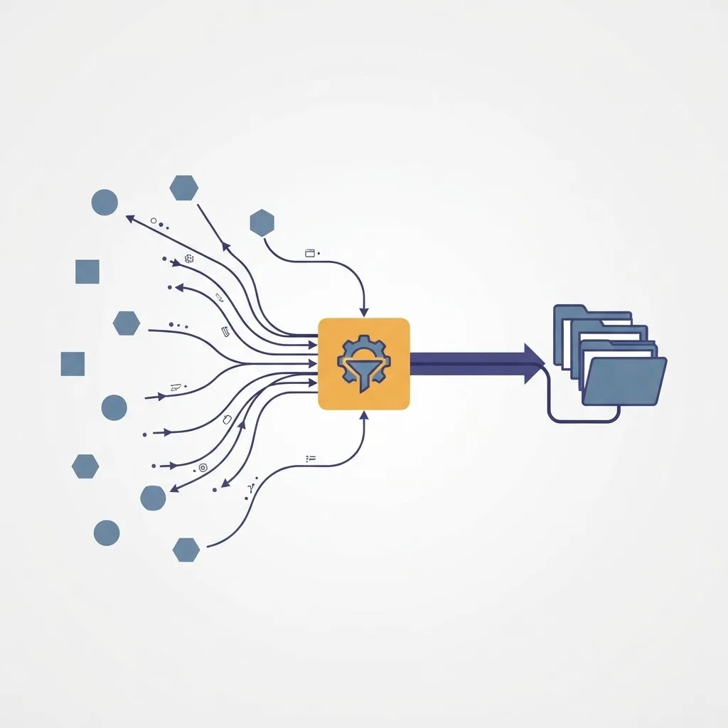 Scattered data sources flowing through a consolidation hub into one organized library