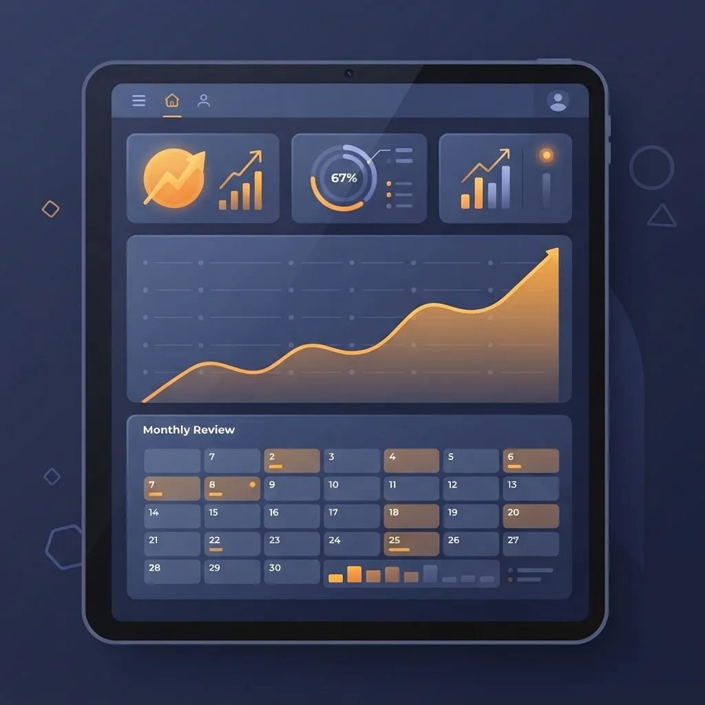 Results tracking screen with trend line and quarterly review calendar