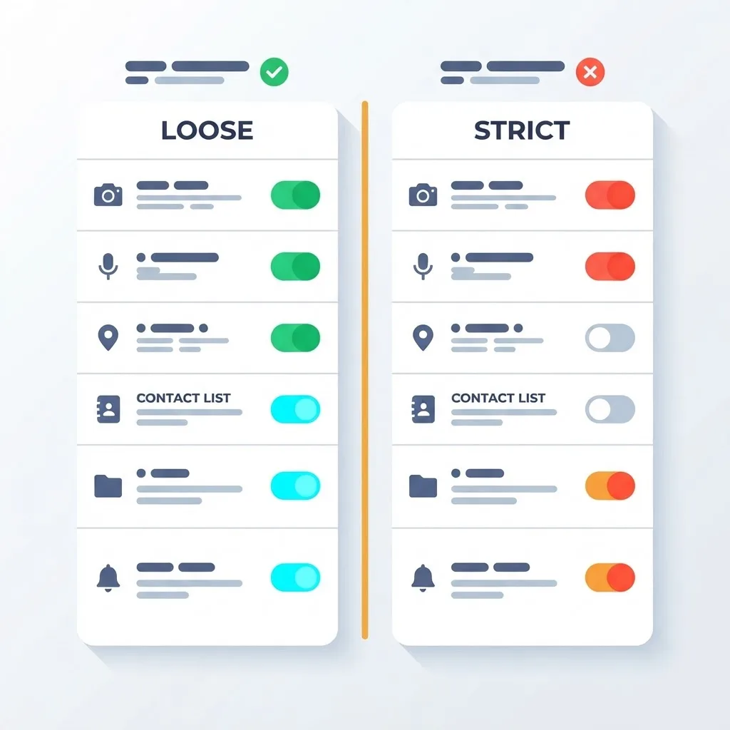 Side by side comparison of loose and strict permission settings panels