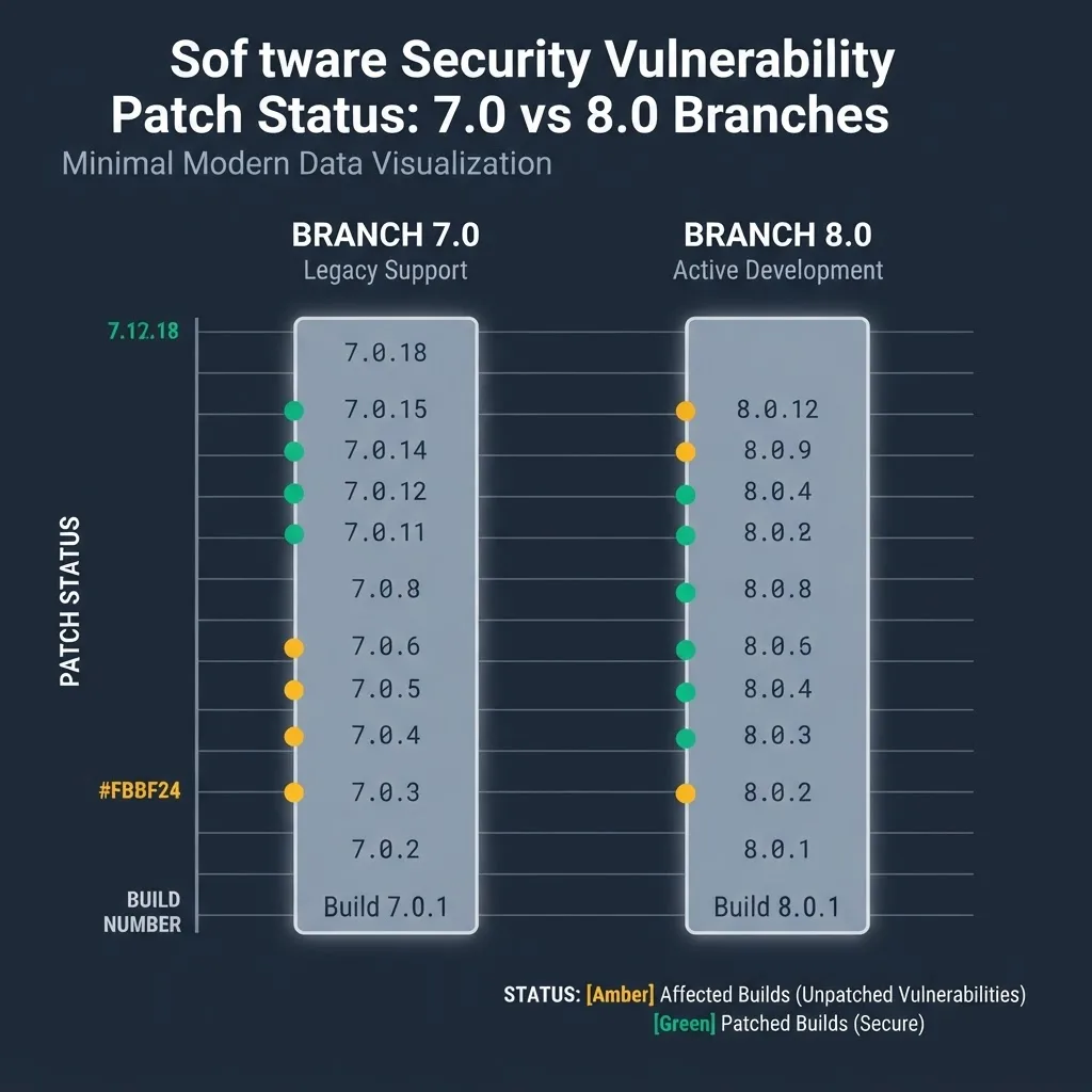 Comparison chart of affected and patched builds across MongoDB 7.0 and 8.0 branches