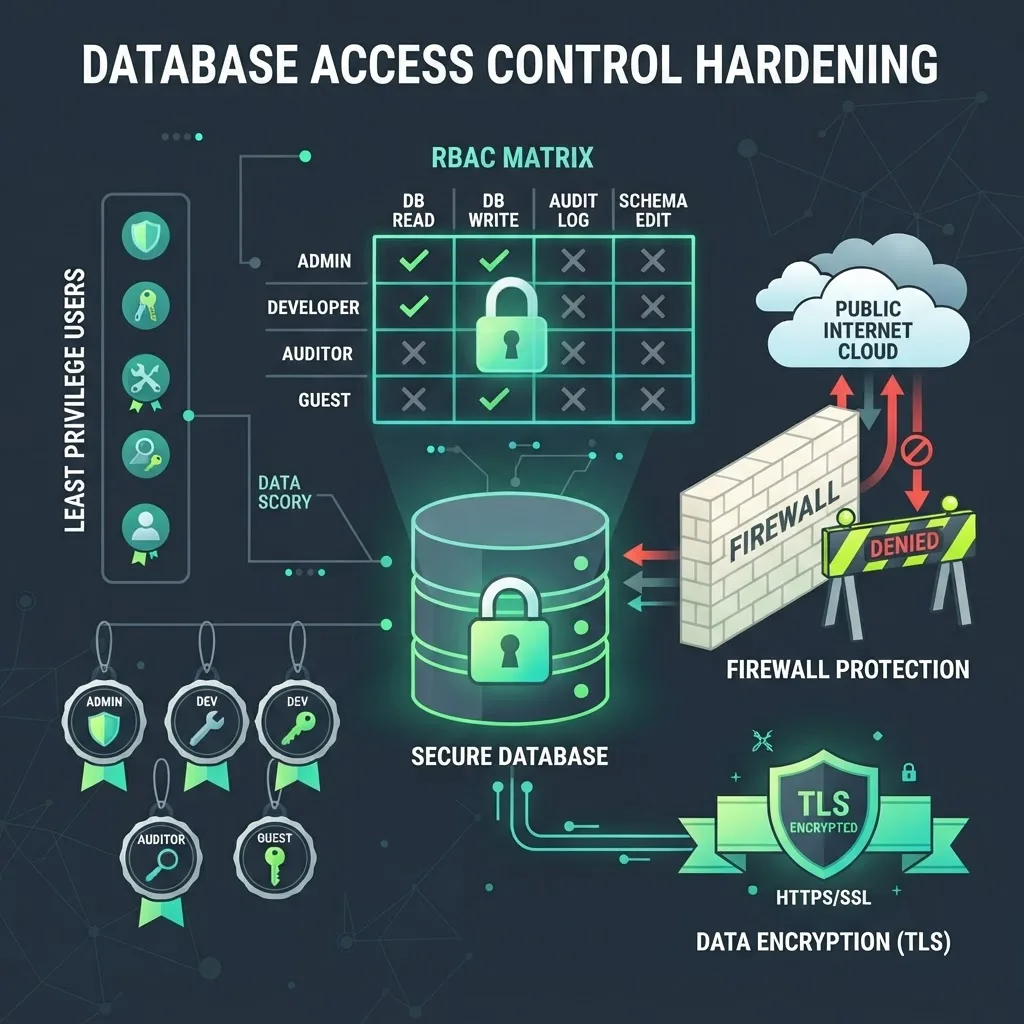 Access control hardening steps including least privilege roles, TLS, and firewall rules