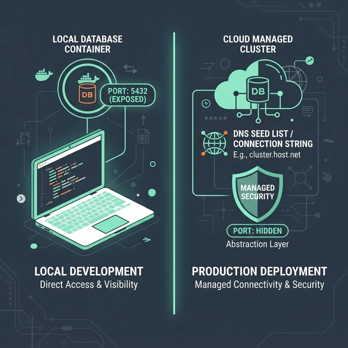 Comparison of local MongoDB port setup and MongoDB Atlas SRV connection