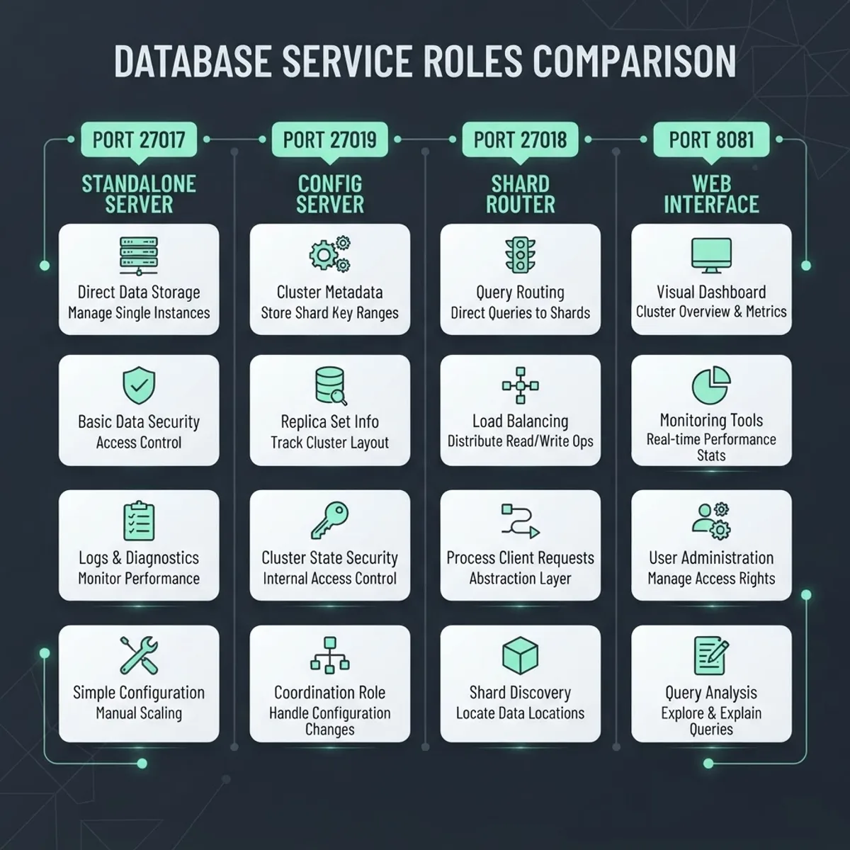 Comparison chart of MongoDB default ports 27017, 27018, and 27019