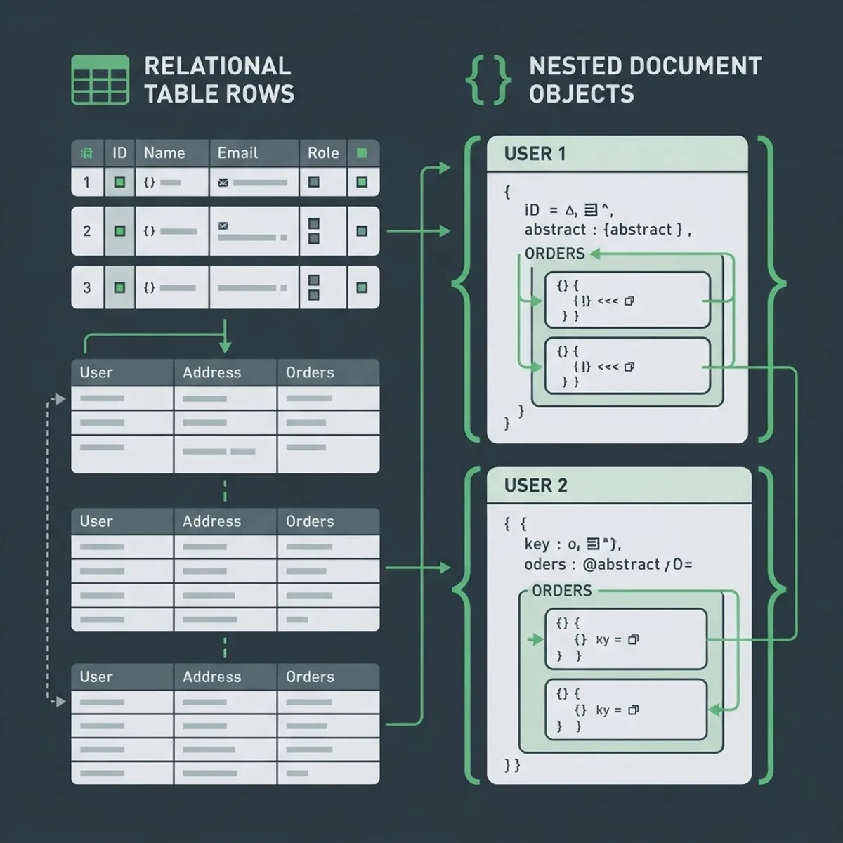 Diagram comparing relational table rows with nested MongoDB documents