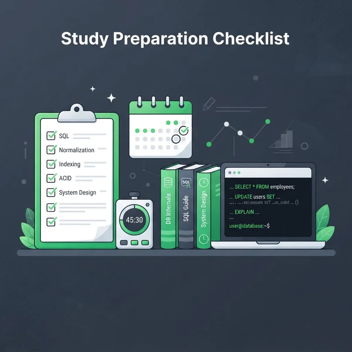 Study checklist with calendar, timer, and terminal window for interview preparation