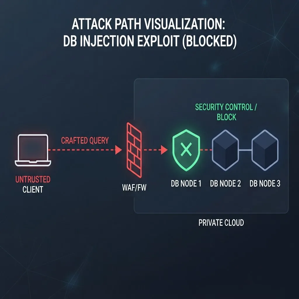 Attack path diagram showing a crafted query reaching a MongoDB cluster through a network boundary