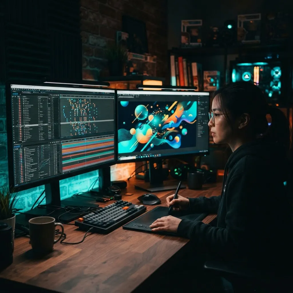 Motion graphics designer editing animation timeline on dual monitors