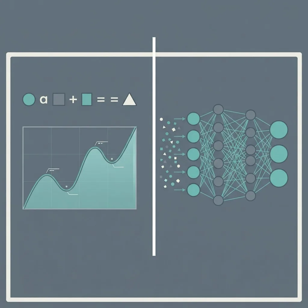 Split diagram comparing a fixed mathematical formula against a trained neural network