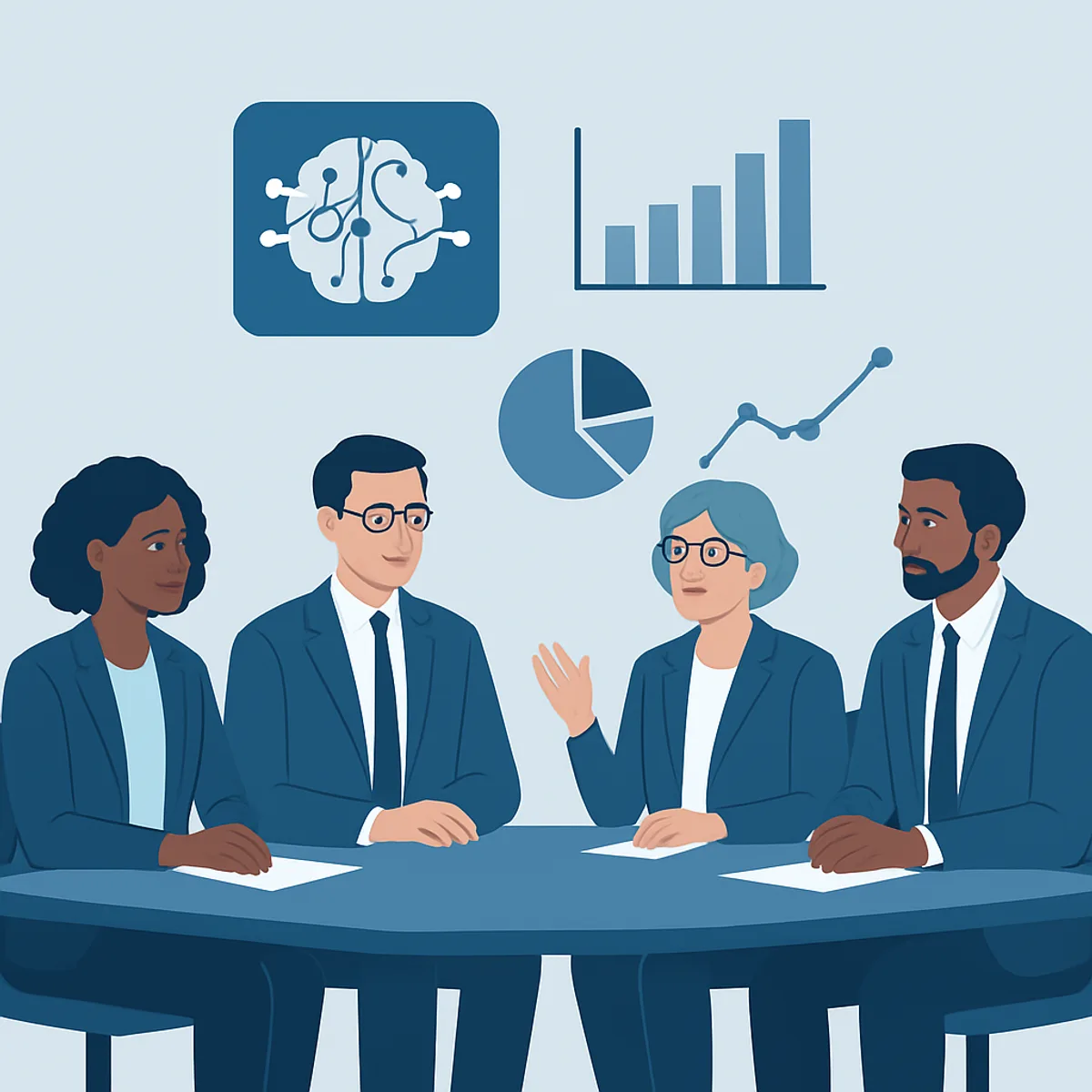 Diverse committee members and AI experts around a table