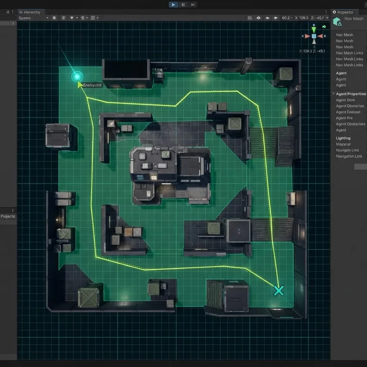 Navigation mesh and AI pathfinding route in a 3D level