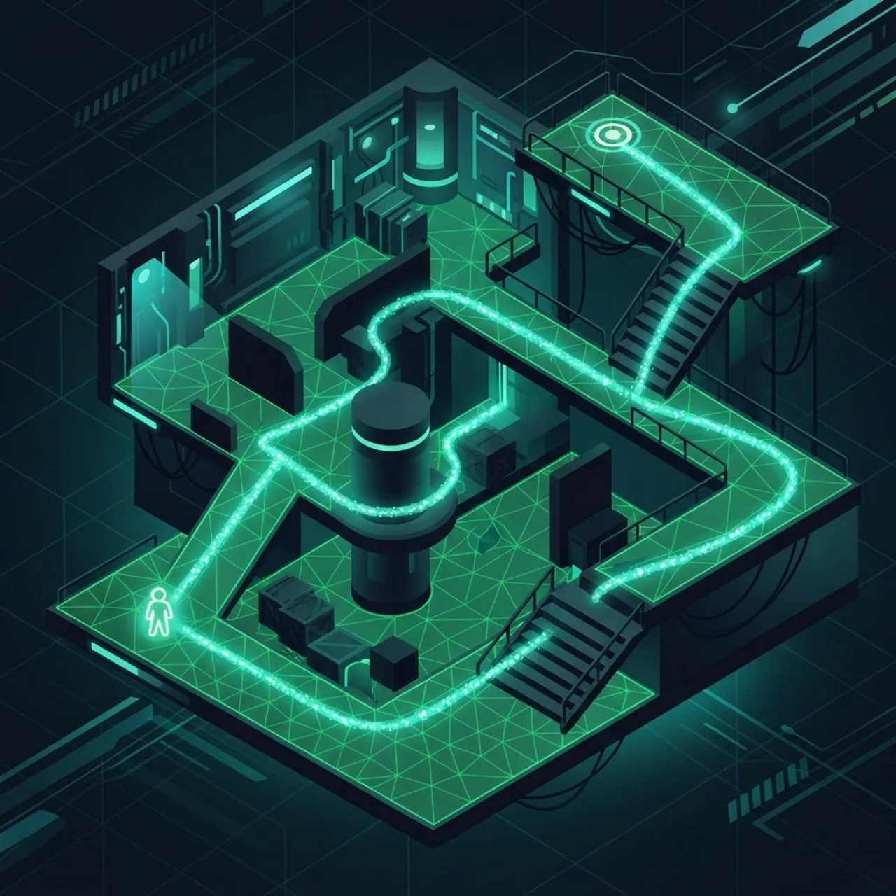 3D level with navigation mesh and pathfinding route