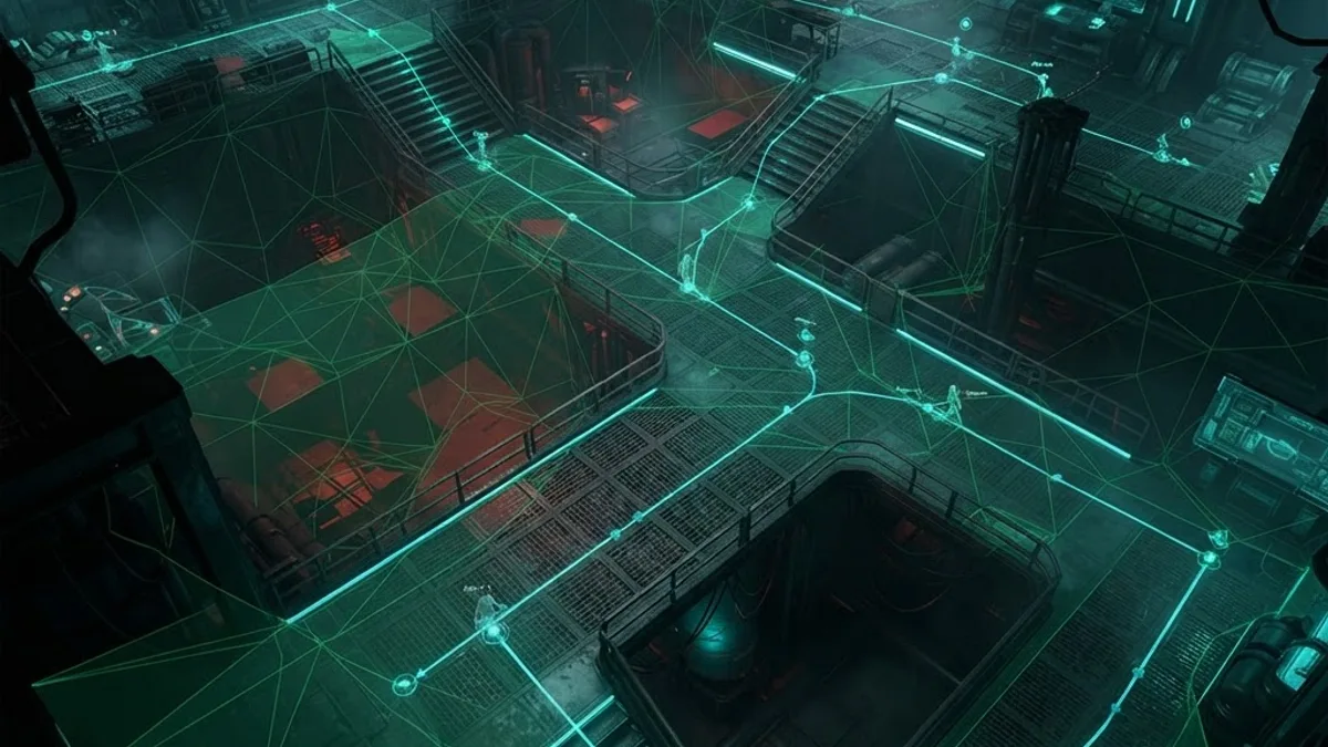 Navigation mesh overlay showing AI pathfinding routes