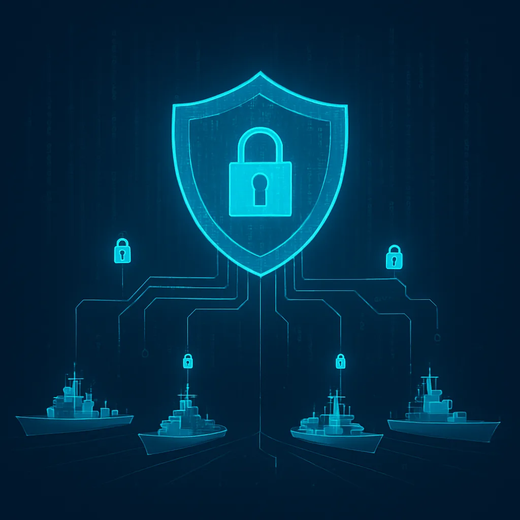 Navy AI cybersecurity shield protecting a connected fleet network