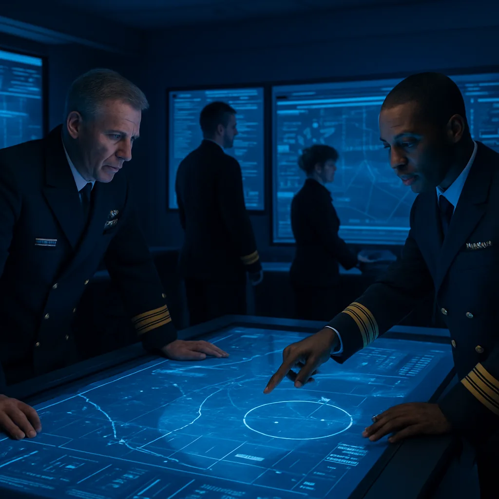 Naval officers using AI decision support on a tactical display