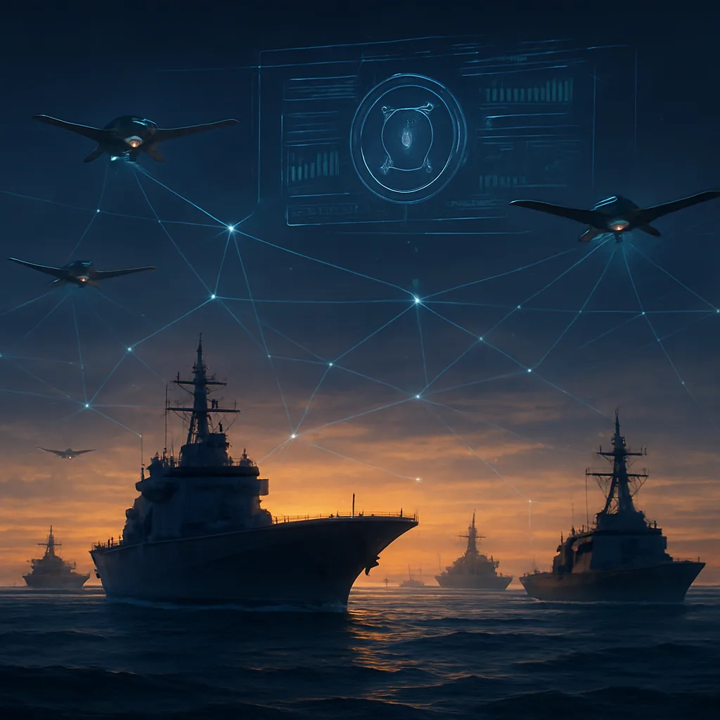 Future AI-powered naval fleet coordinated at dusk