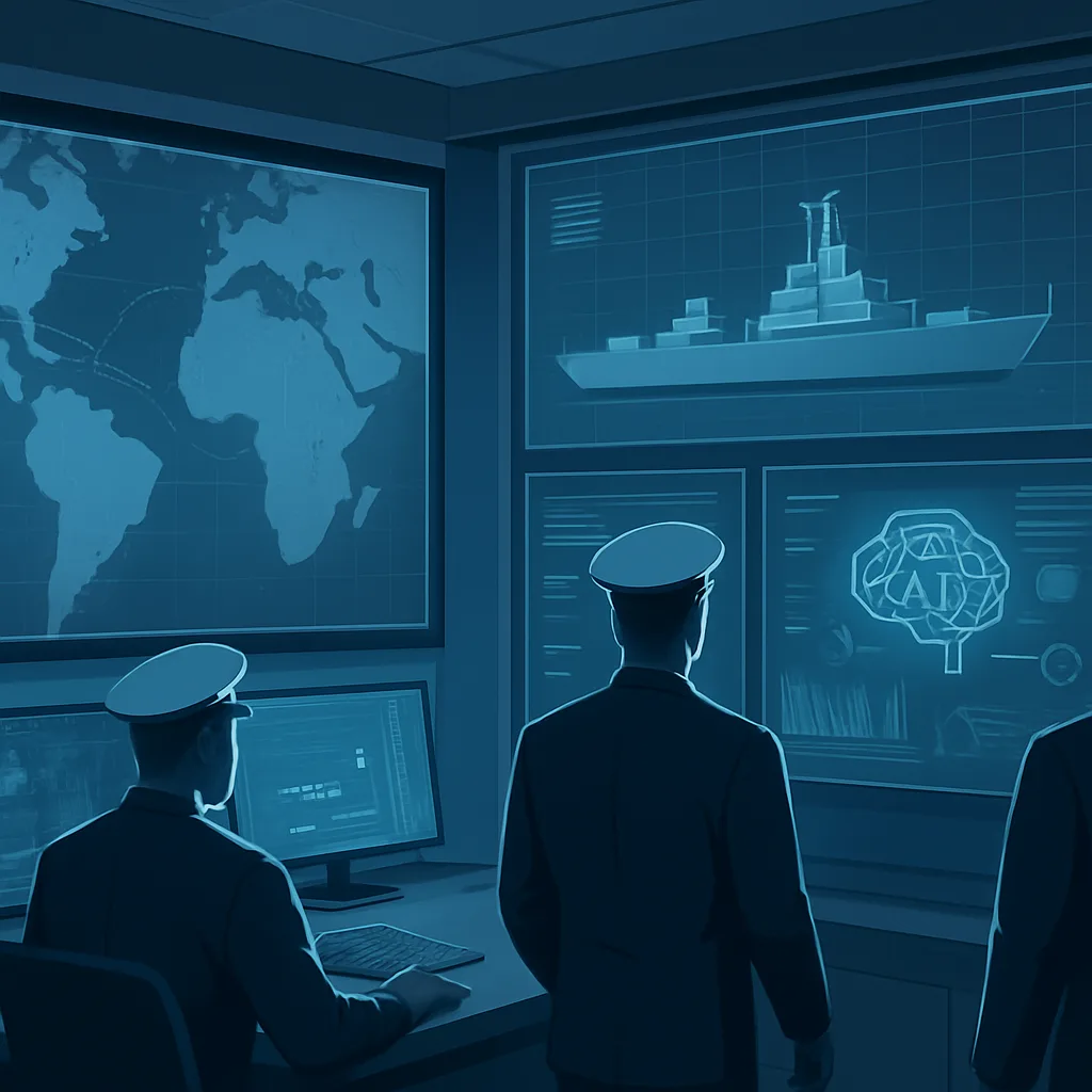 Overview of navy artificial intelligence command center with data screens