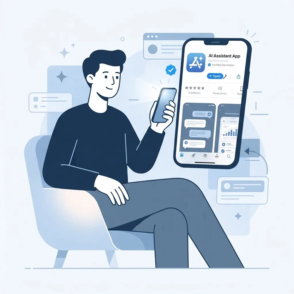 Person browsing an app store listing for a verified AI assistant