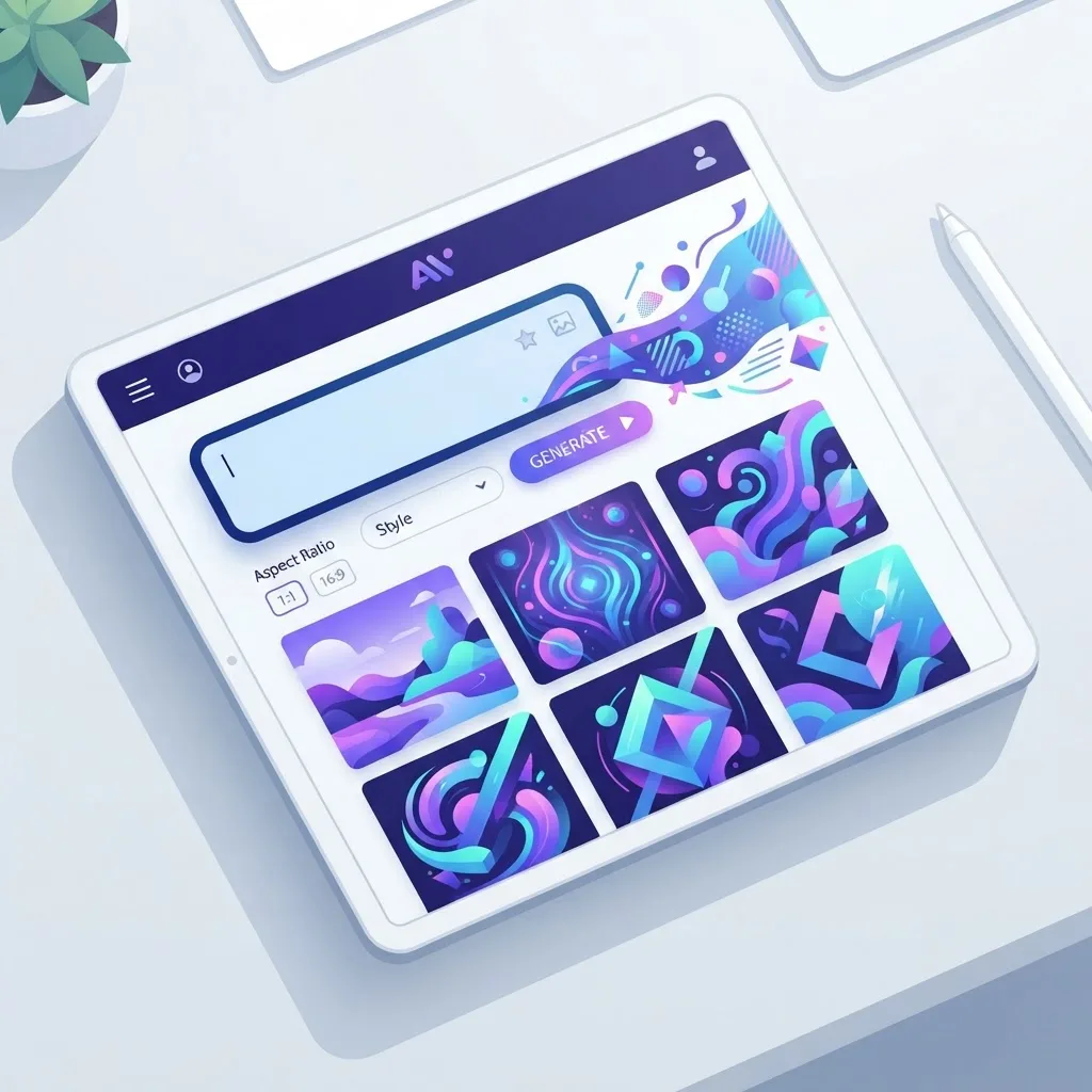 AI image generation app interface producing artwork tiles on a tablet