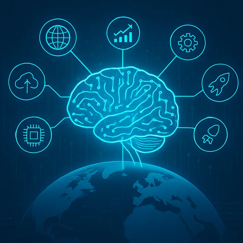 Future of offshore AI development with glowing neural network and global connectivity