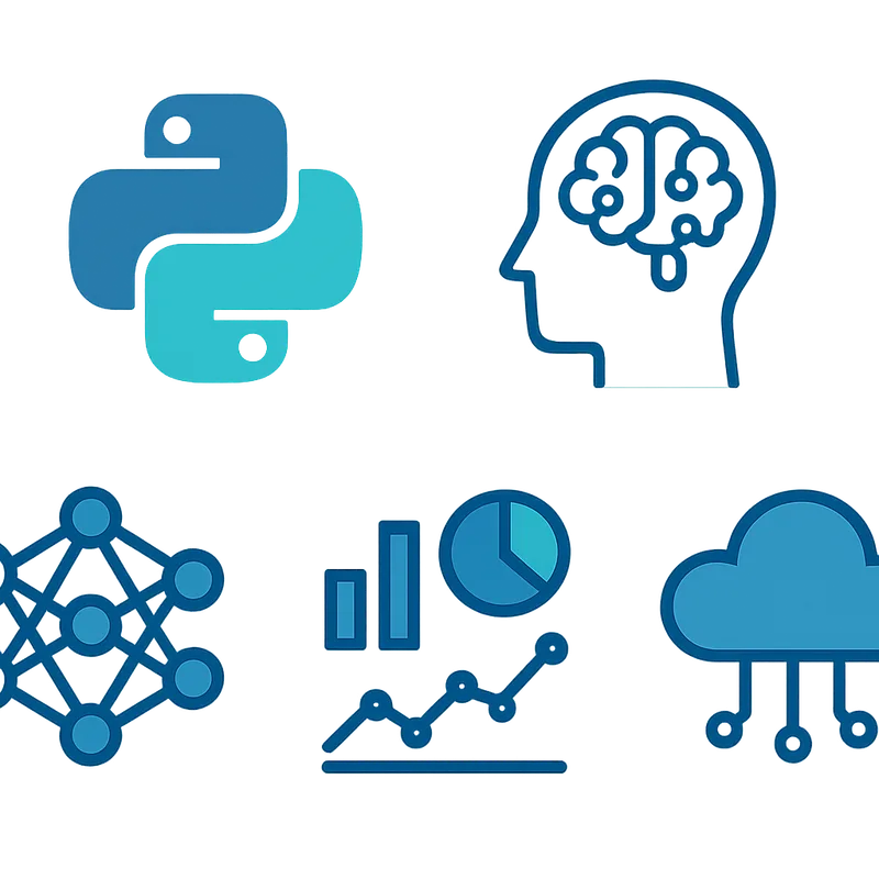 AI developer technical skills icons for Python machine learning and cloud