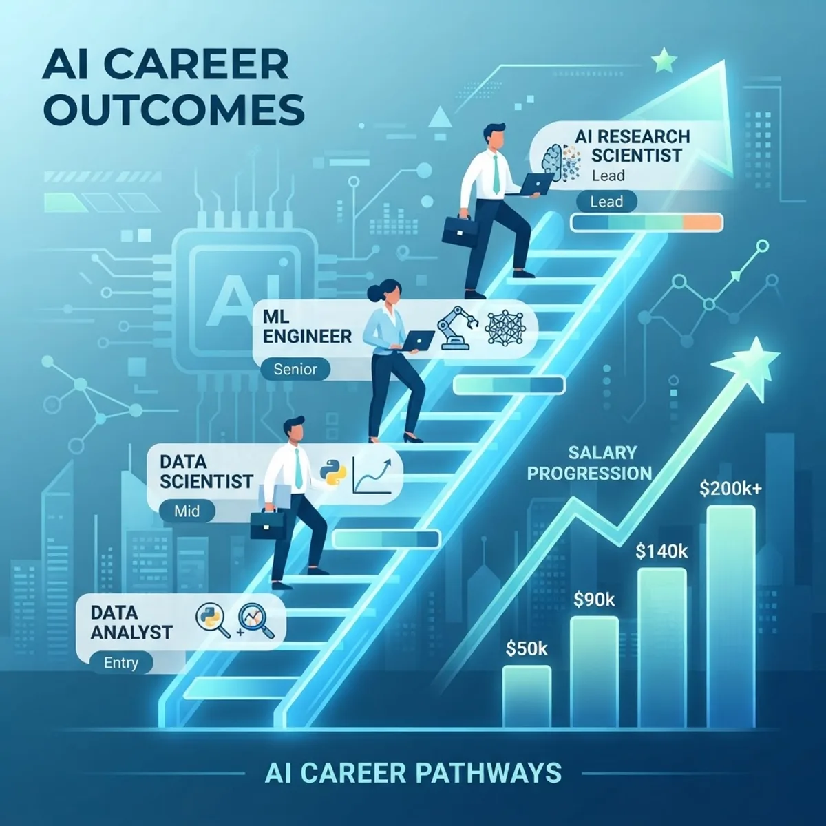 AI degree career outcomes with rising salary graph and job roles