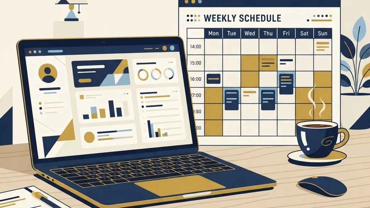 Laptop, weekly calendar, and coffee cup representing an online graduate study schedule