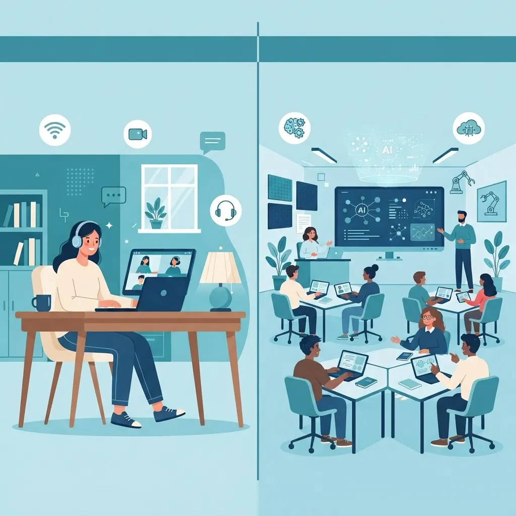 Split screen comparing online learning at home versus in-person AI classroom