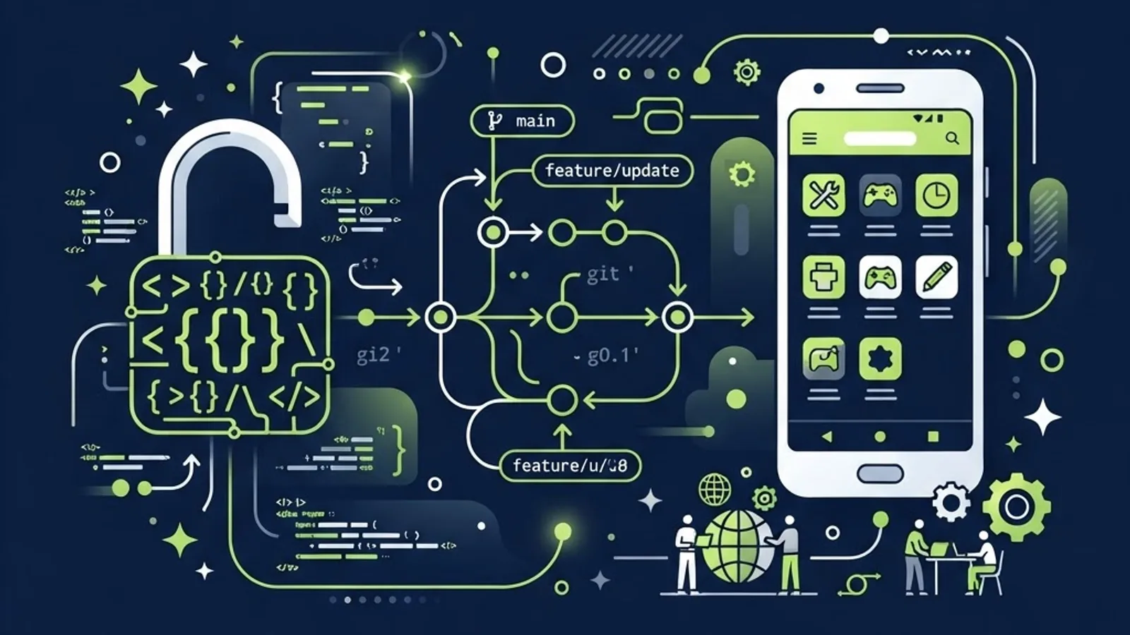 Open source app alternatives for Android shown as an unlocked code padlock and repository branches