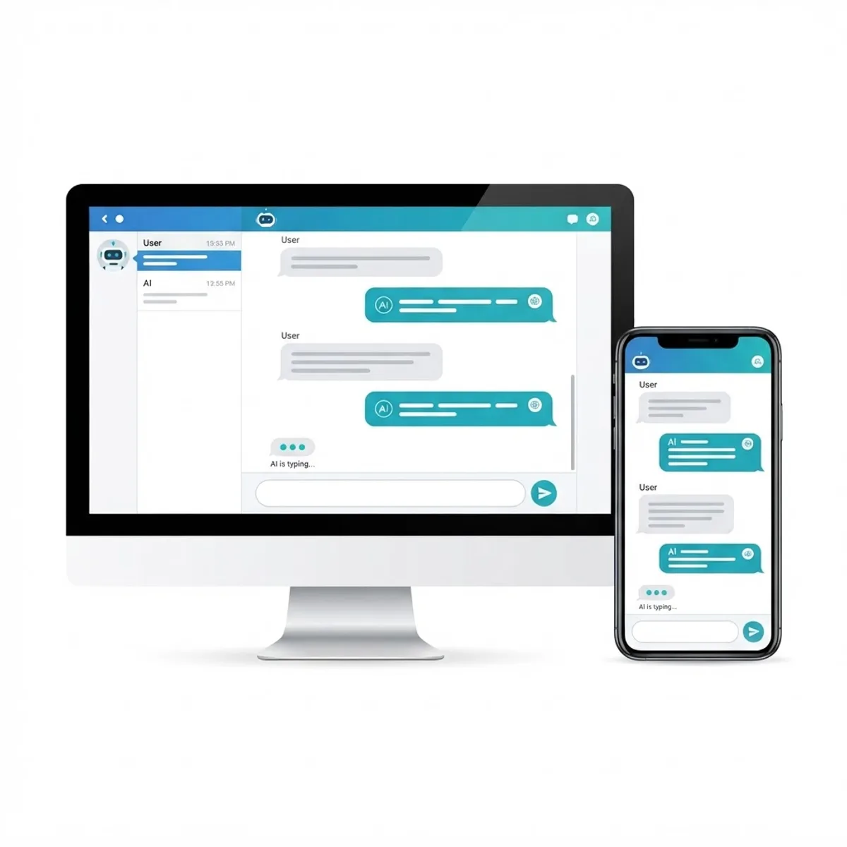 Clean AI chatbot conversation interface on phone and desktop