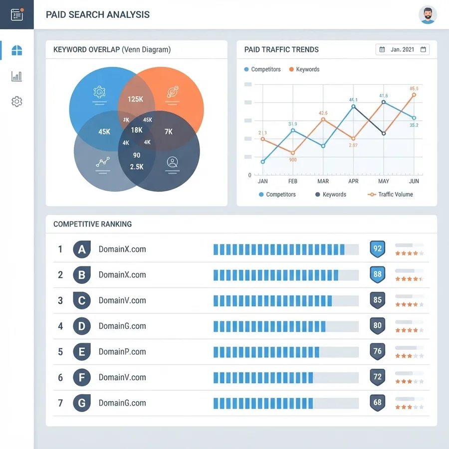 Paid search competitor analysis with keyword overlap diagram and traffic trend chart
