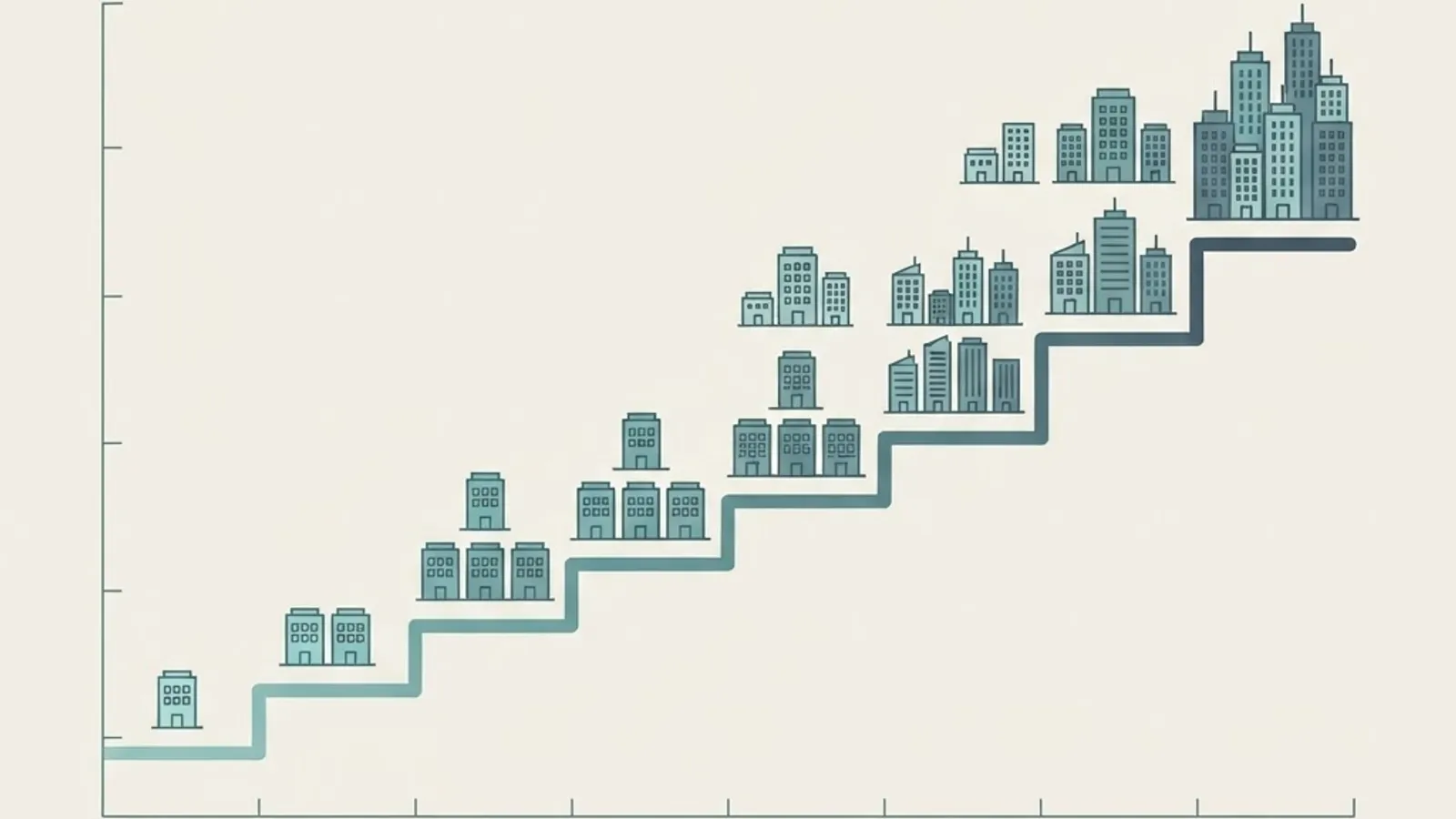 Rows of enterprise building icons multiplying above a rising step chart