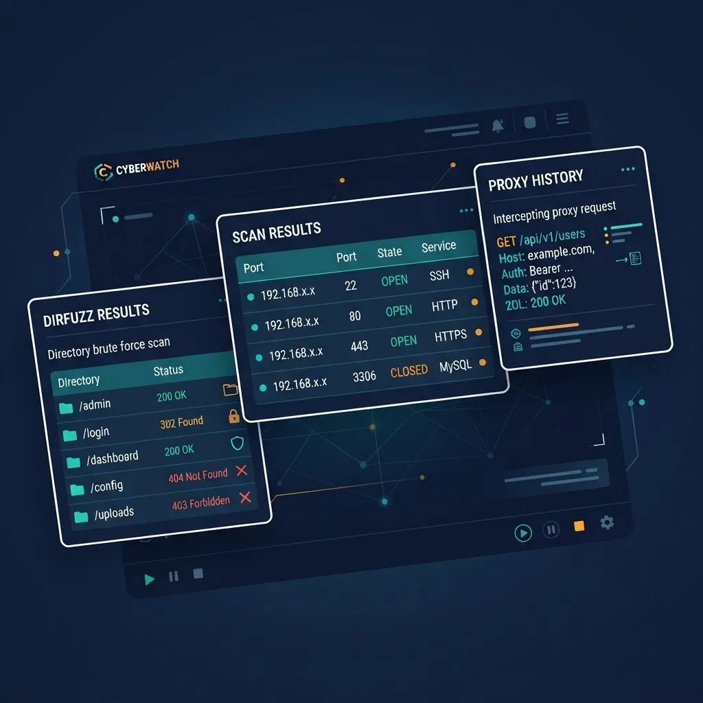 Penetration testing tools dashboard showing scan, proxy, and discovery panels