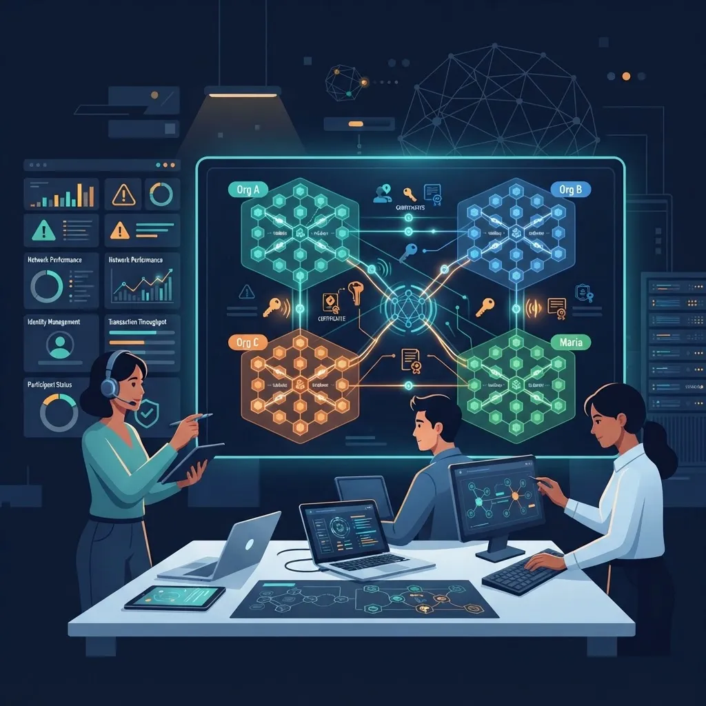 Engineers configuring a permissioned enterprise blockchain network