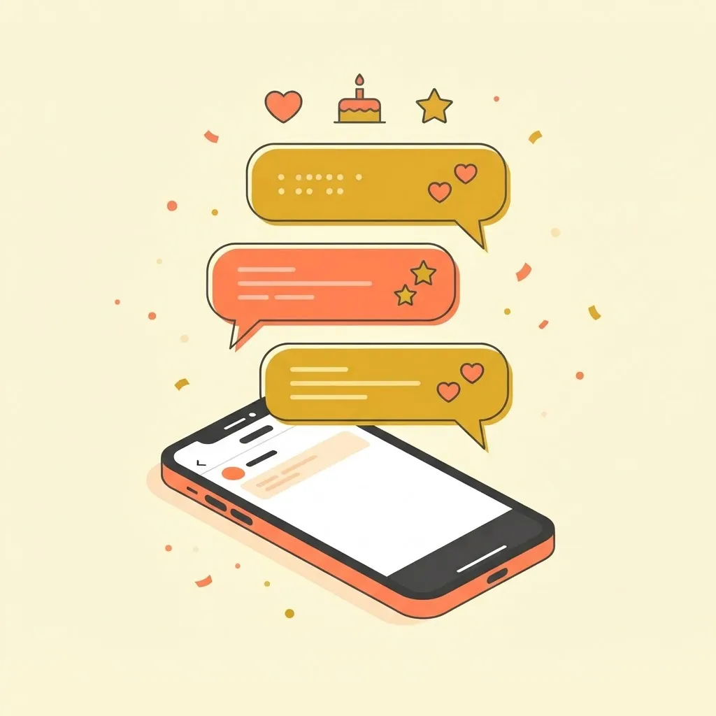 Three personalized greeting message bubbles floating above a smartphone with heart, cake and star icons