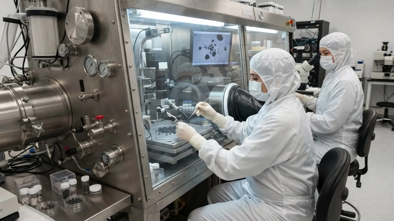 Scientists handling asteroid samples inside a curation clean room glovebox
